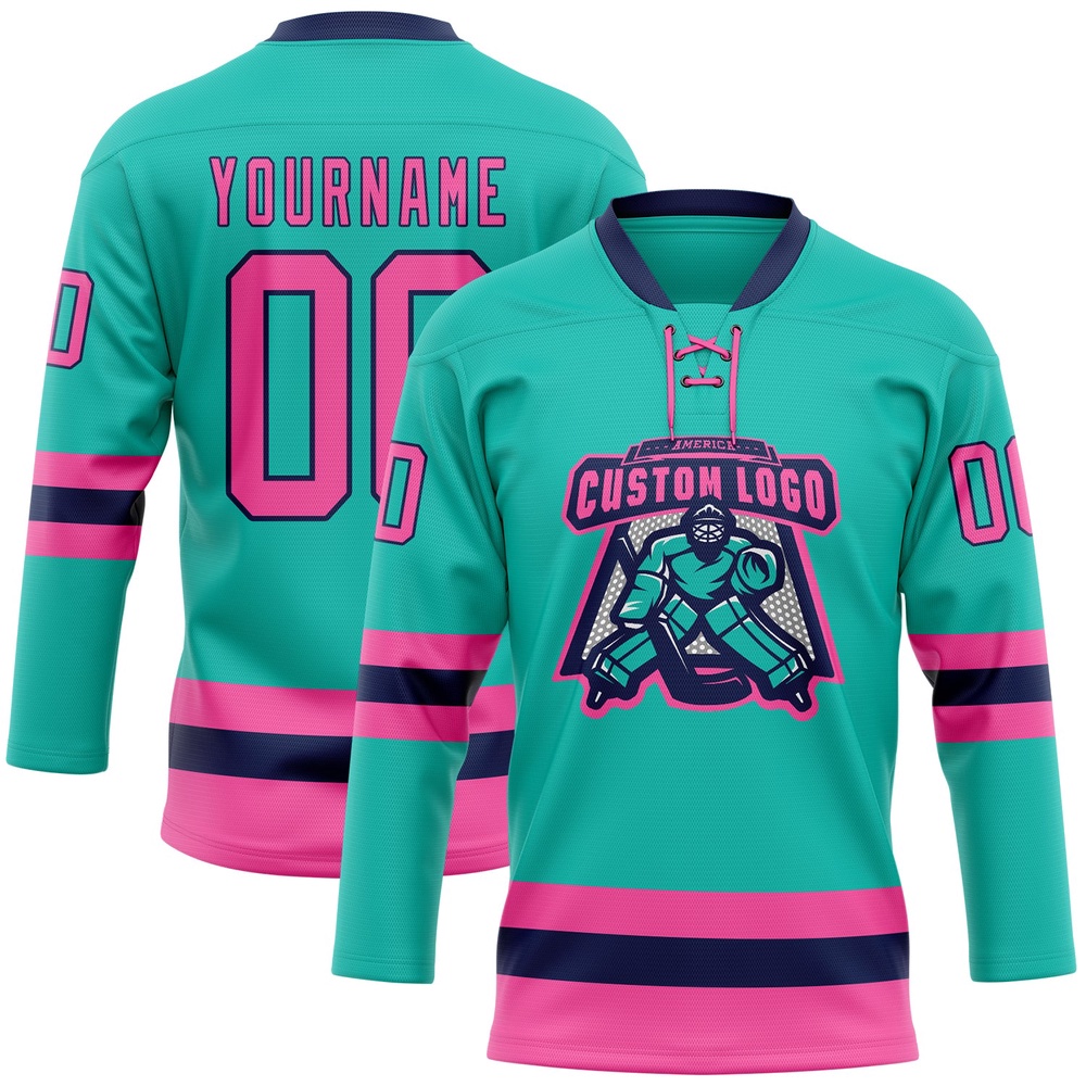 Custom Aqua Pink Navy Hockey Lace Neck Jersey, New Hockey Jersey, Personali Sport Team Jersey Shirt