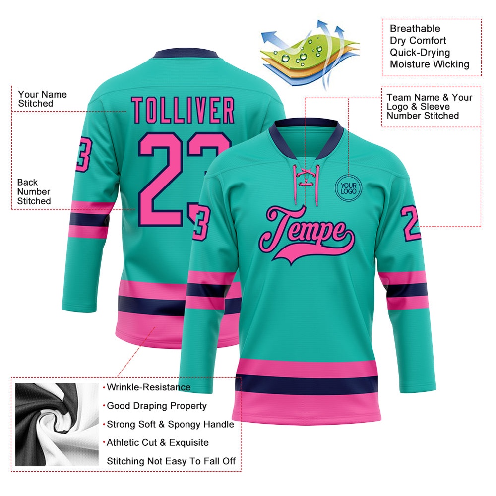 Custom Aqua Pink Navy Hockey Lace Neck Jersey, New Hockey Jersey, Personali Sport Team Jersey Shirt