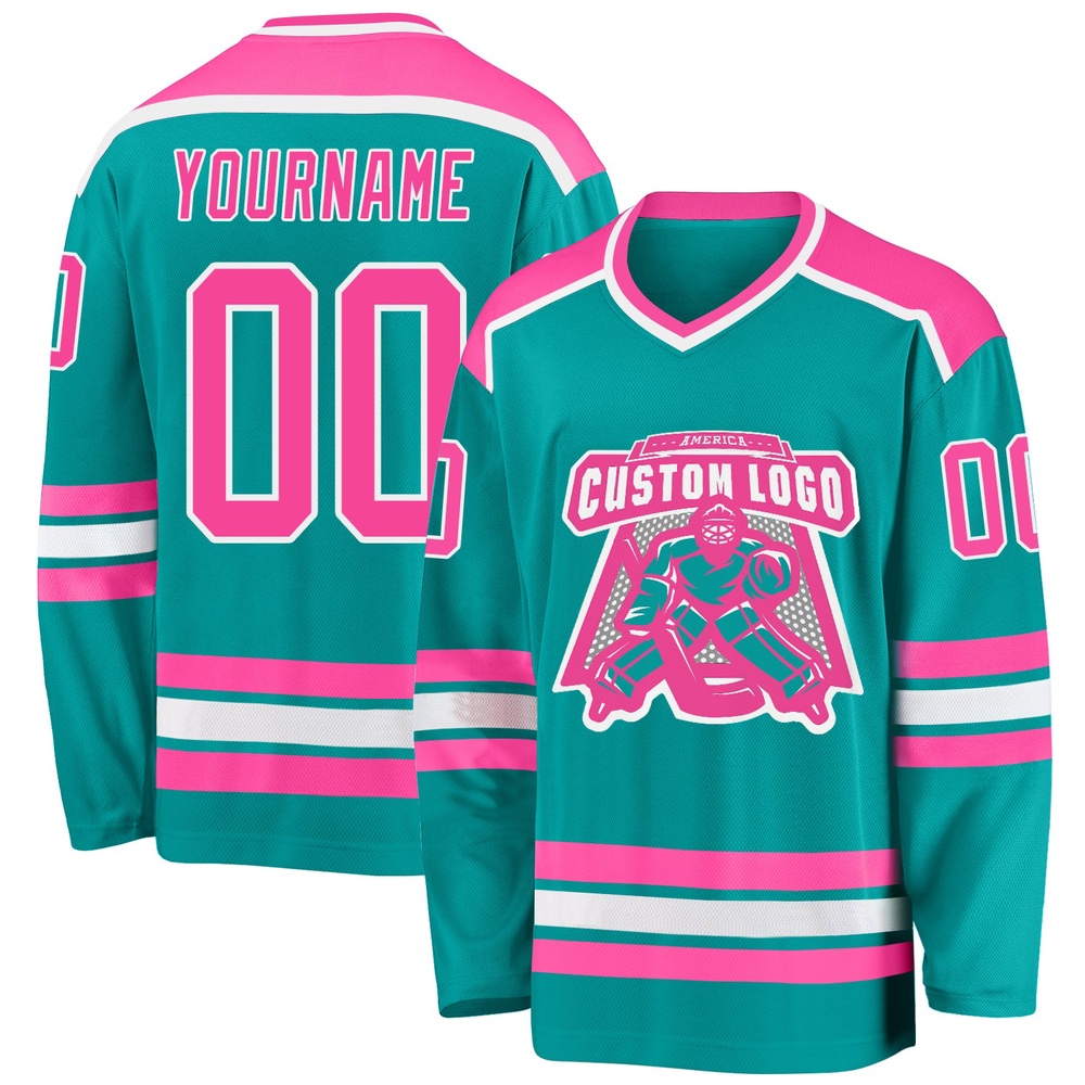 Custom Aqua Pink White Hockey Jersey, New Hockey Jersey, Personali Sport Team Jersey Shirt