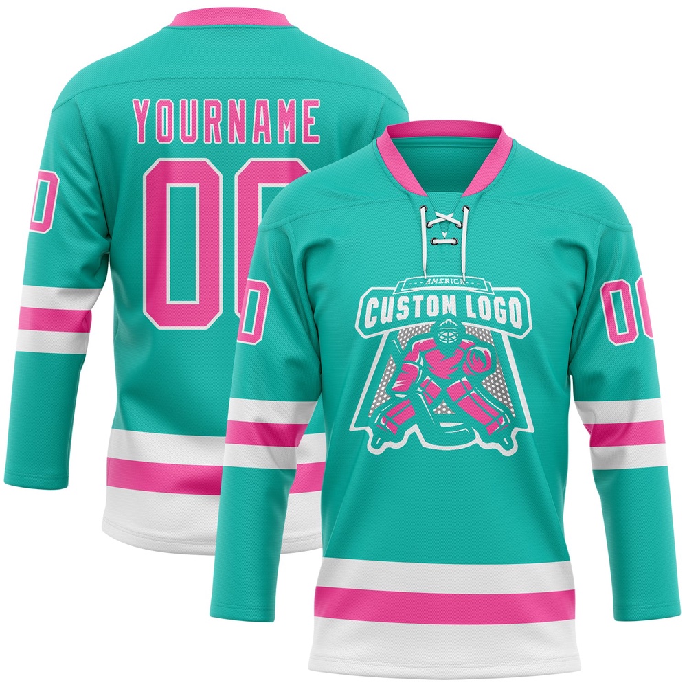 Custom Aqua Pink White Hockey Lace Neck Jersey, New Hockey Jersey, Personali Sport Team Jersey Shirt