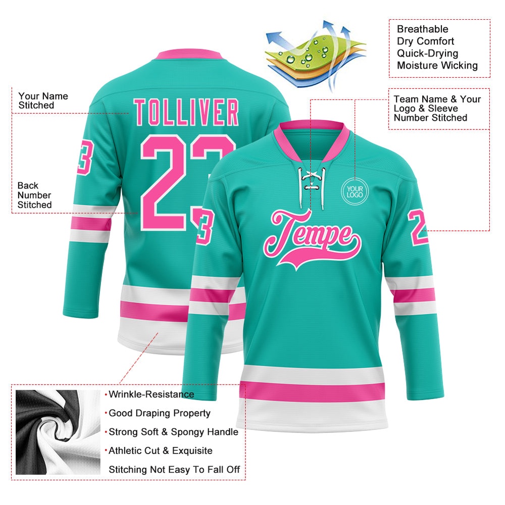 Custom Aqua Pink White Hockey Lace Neck Jersey, New Hockey Jersey, Personali Sport Team Jersey Shirt