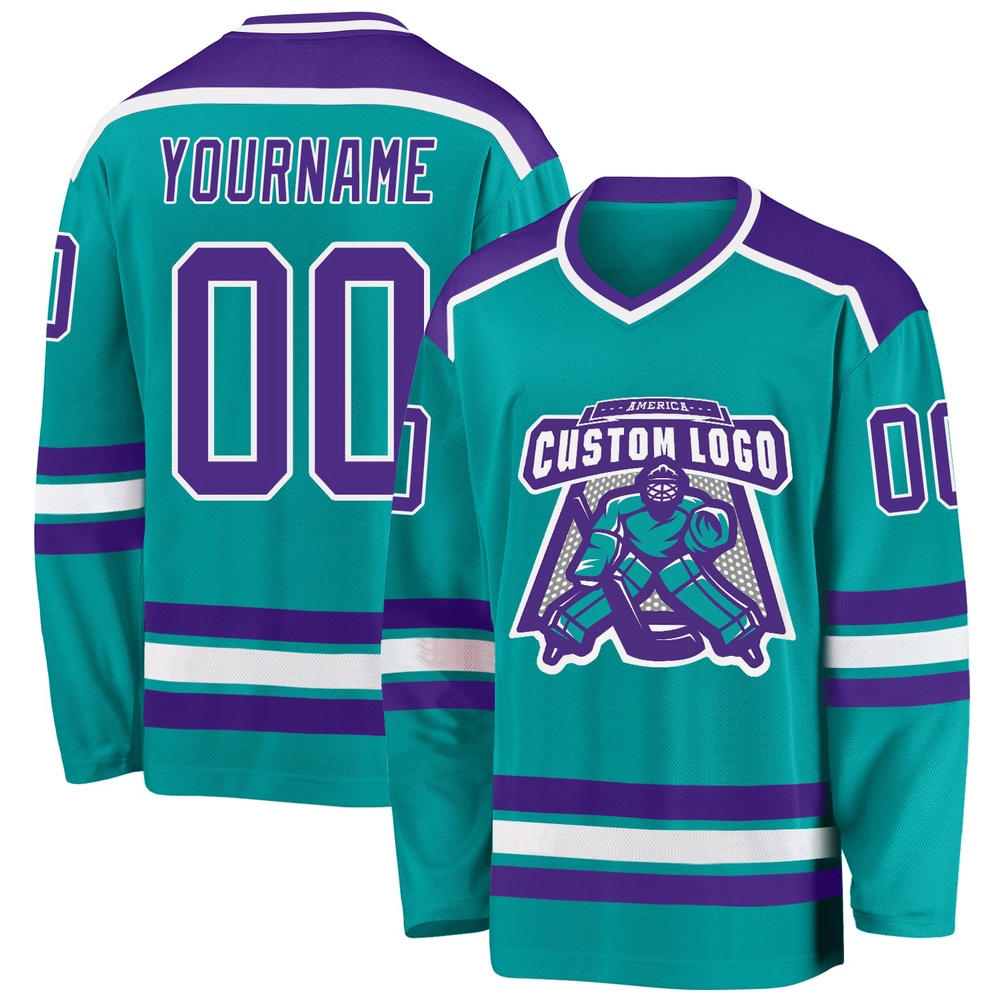 Custom Aqua Purple White Hockey Jersey, New Hockey Jersey, Personali Sport Team Jersey Shirt