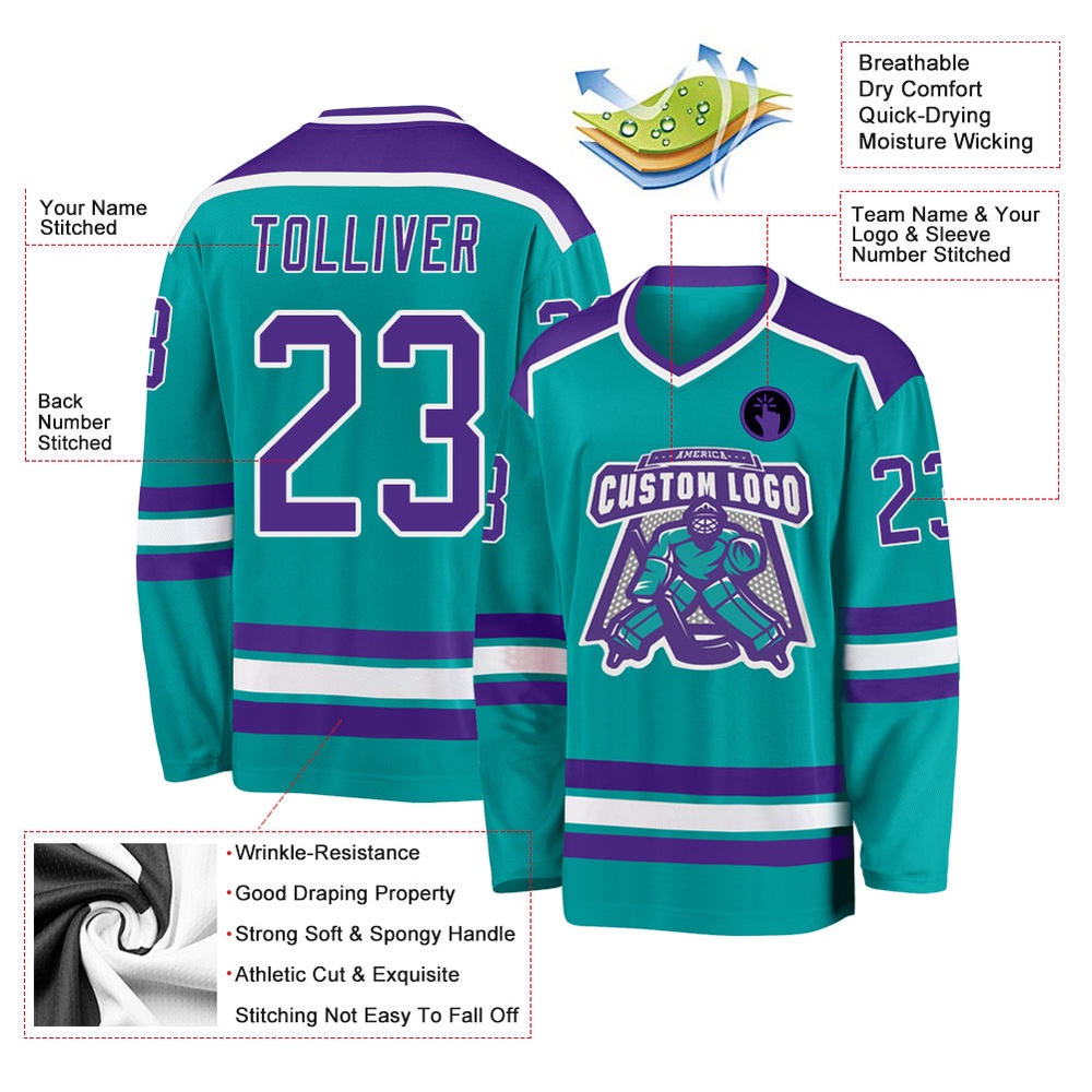 Custom Aqua Purple White Hockey Jersey, New Hockey Jersey, Personali Sport Team Jersey Shirt