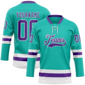 Custom Aqua Purple White Hockey Lace Neck Jersey, New Hockey Jersey, Personali Sport Team Jersey Shirt