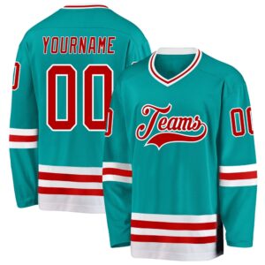 Custom Aqua Red White Hockey Jersey, New Hockey Jersey, Personali Sport Team Jersey Shirt