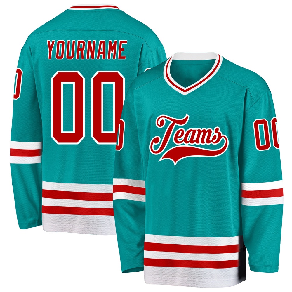 Custom Aqua Red White Hockey Jersey, New Hockey Jersey, Personali Sport Team Jersey Shirt