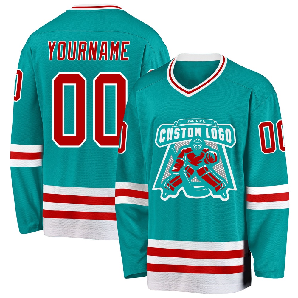 Custom Aqua Red White Hockey Jersey, New Hockey Jersey, Personali Sport Team Jersey Shirt