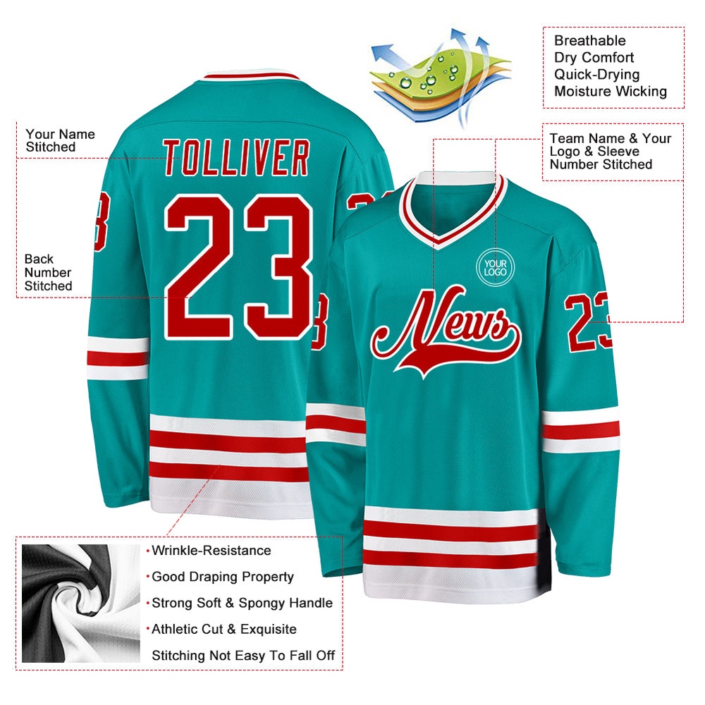Custom Aqua Red White Hockey Jersey, New Hockey Jersey, Personali Sport Team Jersey Shirt