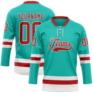 Custom Aqua Red White Hockey Lace Neck Jersey, New Hockey Jersey, Personali Sport Team Jersey Shirt