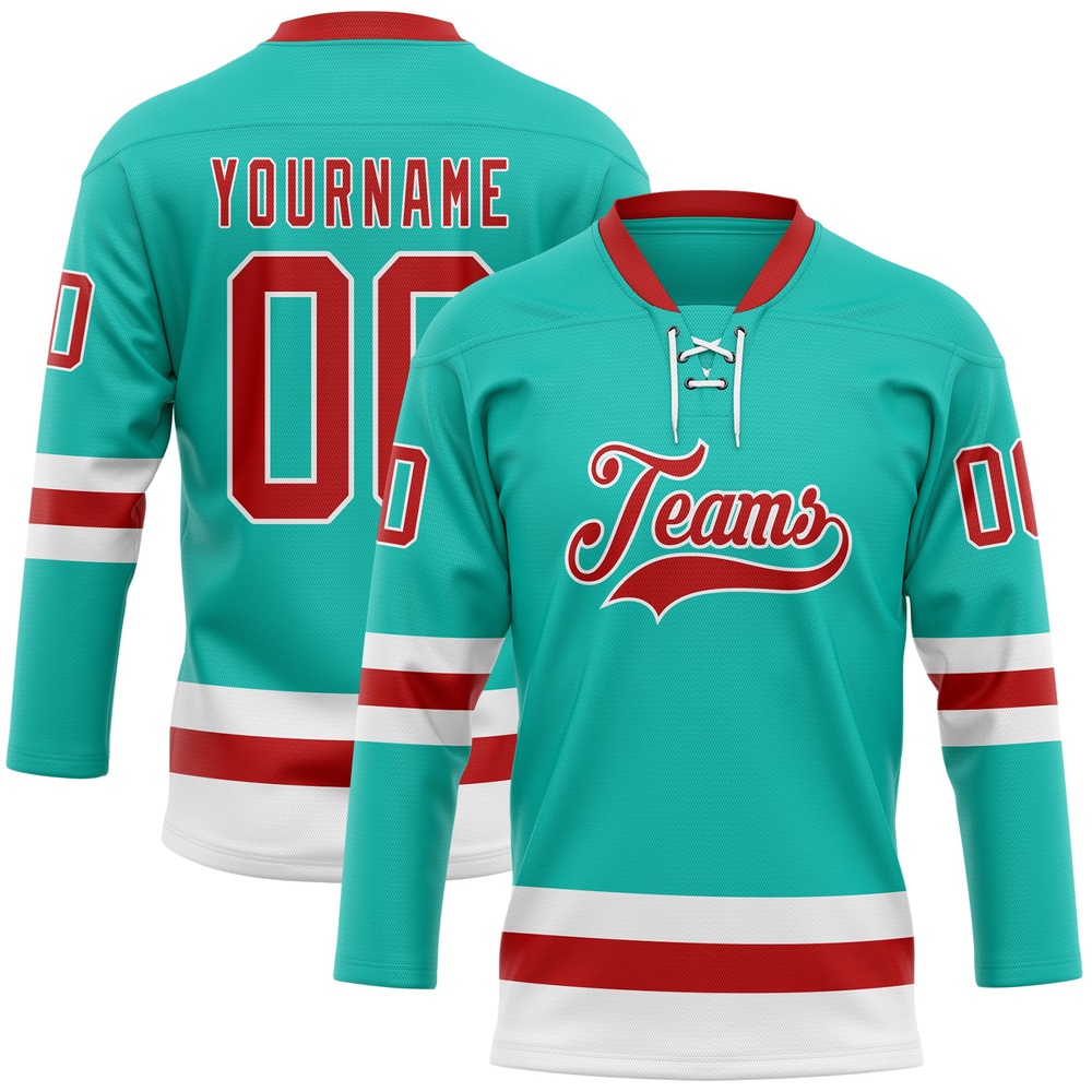 Custom Aqua Red White Hockey Lace Neck Jersey, New Hockey Jersey, Personali Sport Team Jersey Shirt