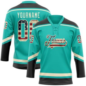 Custom Aqua Vintage USA Flag Black Cream Hockey Lace Neck Jersey, New Hockey Jersey, Personali Sport Team Jersey Shirt