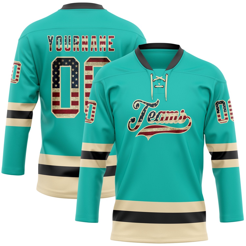 Custom Aqua Vintage USA Flag Cream Black Hockey Lace Neck Jersey, New Hockey Jersey, Personali Sport Team Jersey Shirt