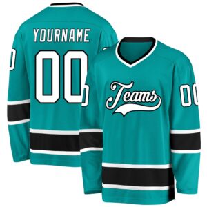 Custom Aqua White Black Hockey Jersey, New&hellip;