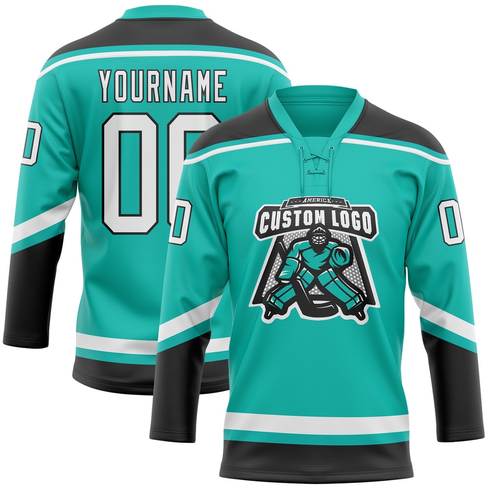 Custom Aqua White Black Hockey Lace Neck Jersey, New Hockey Jersey, Personali Sport Team Jersey Shirt