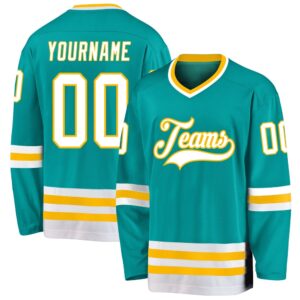 Custom Aqua White Gold Hockey Jersey, New&hellip;