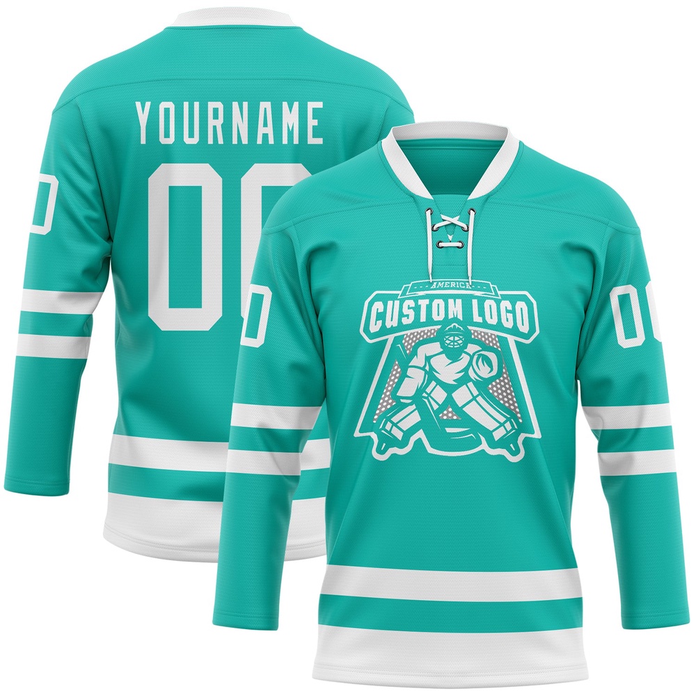 Custom Aqua White Hockey Lace Neck Jersey, New Hockey Jersey, Personali Sport Team Jersey Shirt