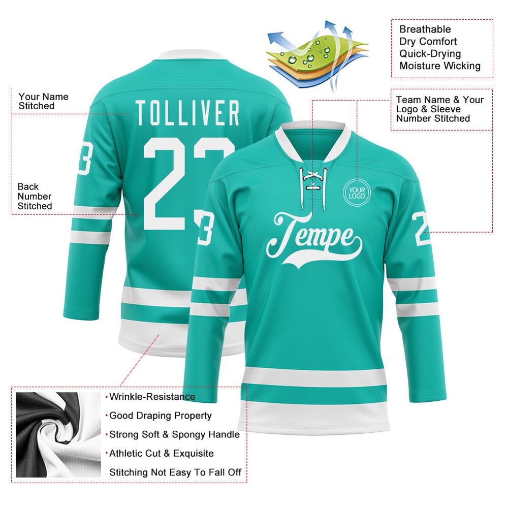 Custom Aqua White Hockey Lace Neck Jersey, New Hockey Jersey, Personali Sport Team Jersey Shirt