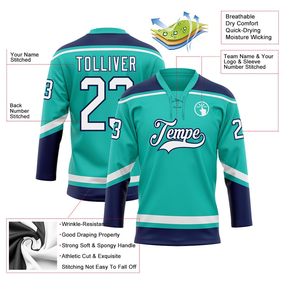 Custom Aqua White Navy Hockey Lace Neck Jersey, New Hockey Jersey, Personali Sport Team Jersey Shirt