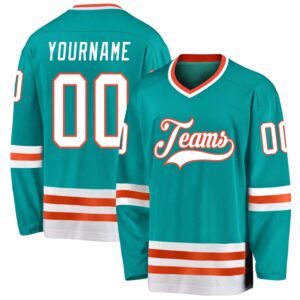 Custom Aqua White Orange Hockey Jersey, New&hellip;