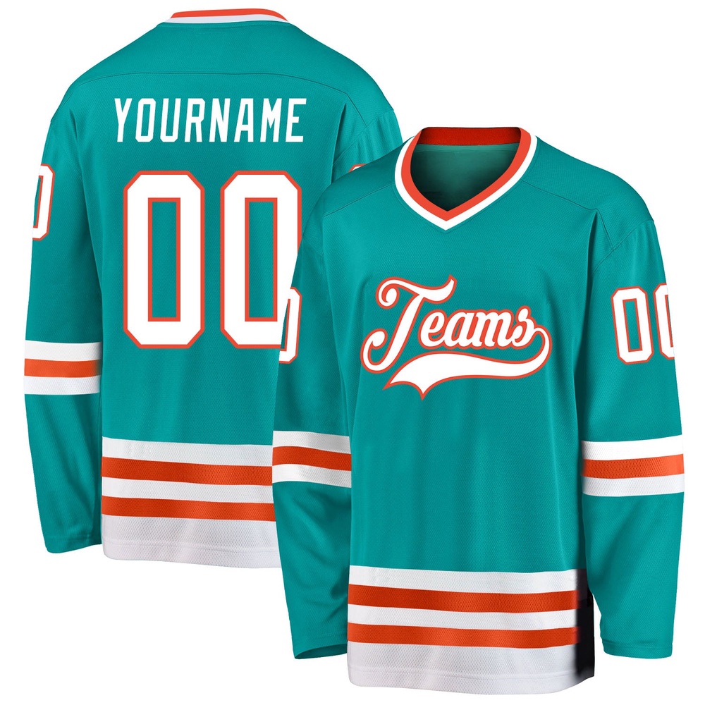 Custom Aqua White Orange Hockey Jersey, New Hockey Jersey, Personali Sport Team Jersey Shirt