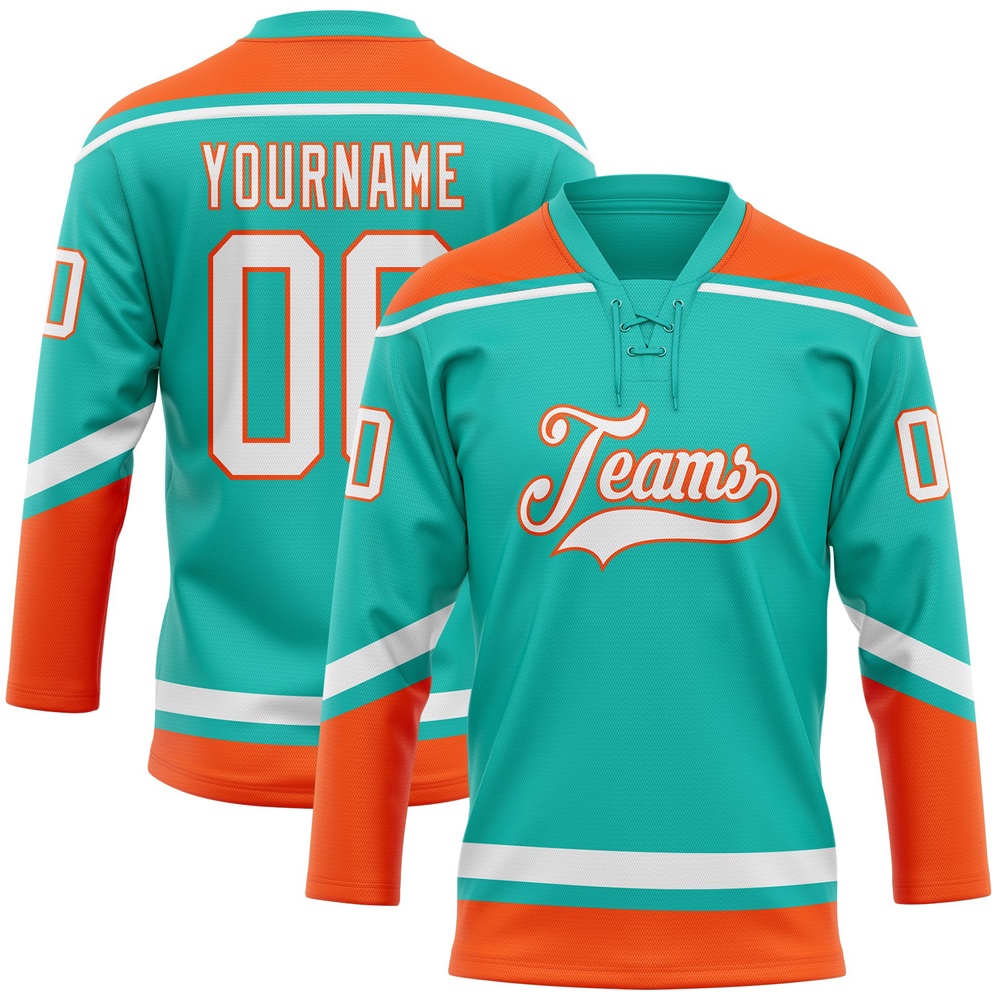 Custom Aqua White Orange Hockey Lace Neck Jersey, New Hockey Jersey, Personali Sport Team Jersey Shirt
