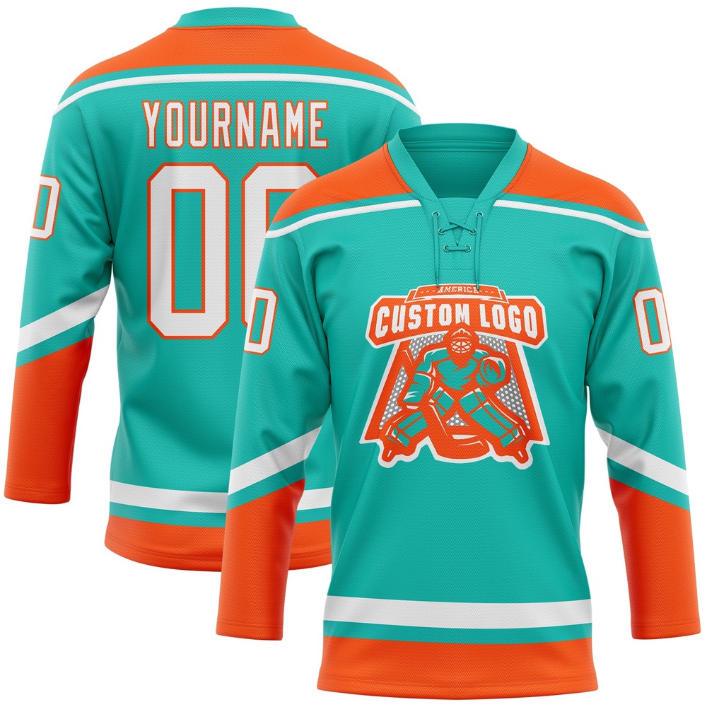 Custom Aqua White Orange Hockey Lace Neck Jersey, New Hockey Jersey, Personali Sport Team Jersey Shirt
