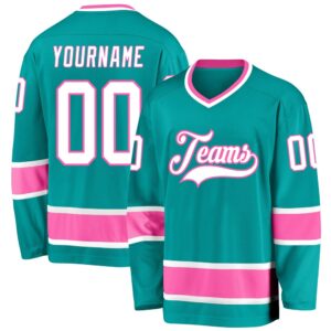 Custom Aqua White Pink Hockey Jersey, New&hellip;