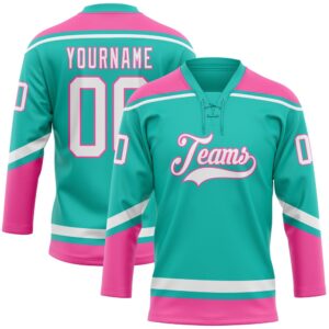 Custom Aqua White Pink Hockey Lace Neck&hellip;