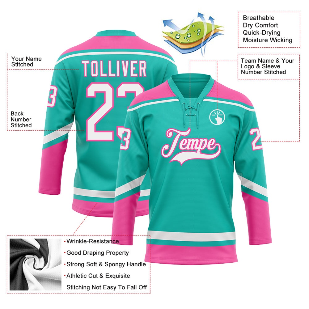 Custom Aqua White Pink Hockey Lace Neck Jersey, New Hockey Jersey, Personali Sport Team Jersey Shirt