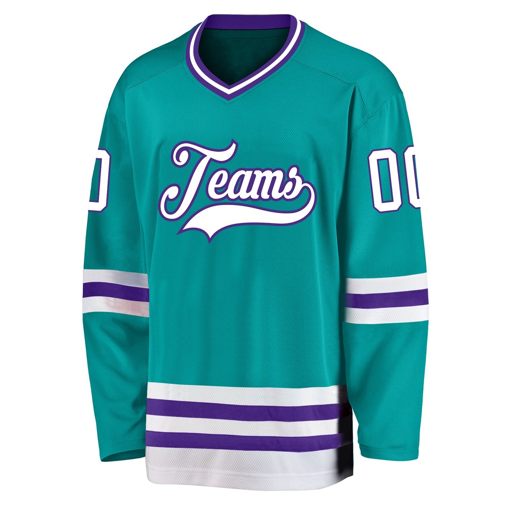 Custom Aqua White Purple Hockey Jersey, New Hockey Jersey, Personali Sport Team Jersey Shirt