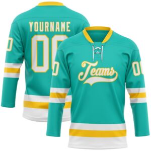 Custom Aqua White Yellow Hockey Lace Neck&hellip;