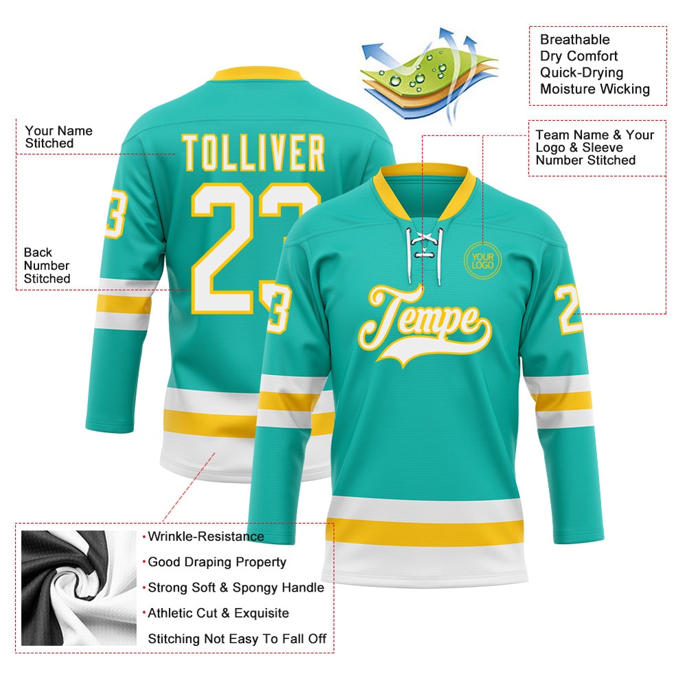 Custom Aqua White Yellow Hockey Lace Neck Jersey, New Hockey Jersey, Personali Sport Team Jersey Shirt