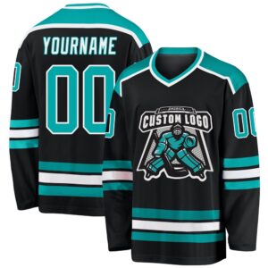 Custom Black Aqua White Hockey Jersey, New&hellip;