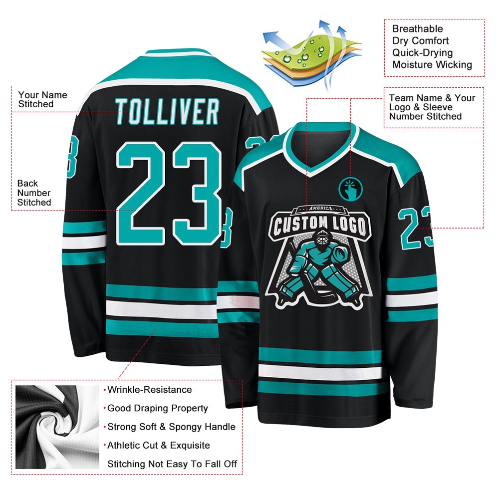 Custom Black Aqua White Hockey Jersey, New Hockey Jersey, Personali Sport Team Jersey Shirt