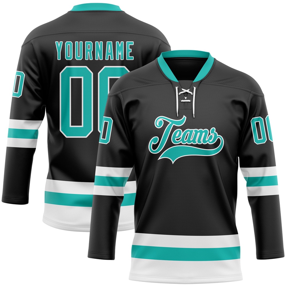 Custom Black Aqua White Hockey Lace Neck Jersey, New Hockey Jersey, Personali Sport Team Jersey Shirt
