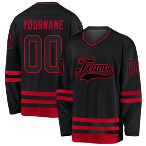 Custom Black Black Red Hockey Jersey, New&hellip;