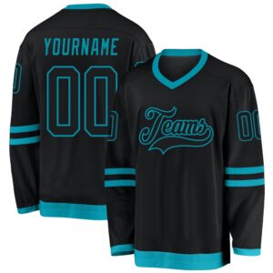 Custom Black Black Teal Hockey Jersey, New&hellip;