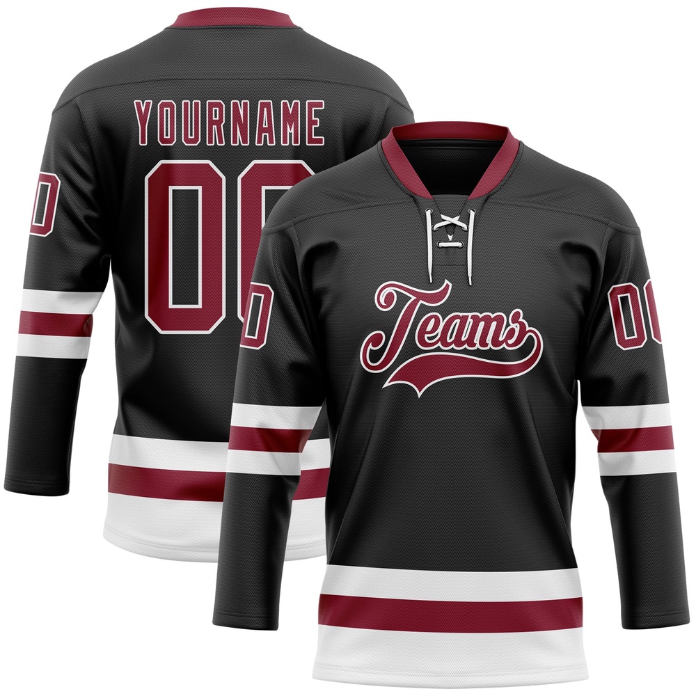 Custom Black Crimson White Hockey Lace Neck Jersey, New Hockey Jersey, Personali Sport Team Jersey Shirt