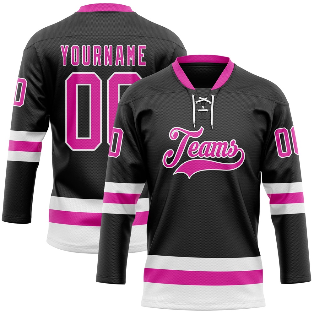 Custom Black Deep Pink White Hockey Lace Neck Jersey, New Hockey Jersey, Personali Sport Team Jersey Shirt