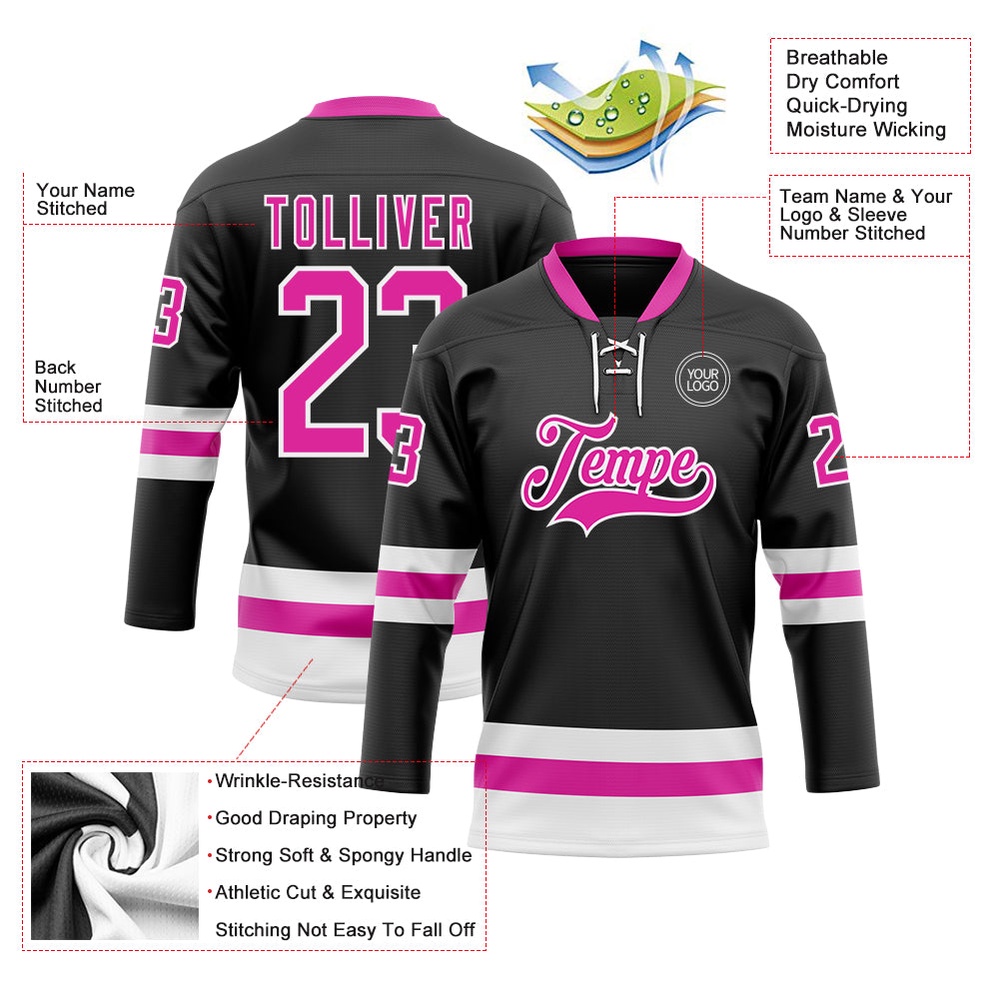 Custom Black Deep Pink White Hockey Lace Neck Jersey, New Hockey Jersey, Personali Sport Team Jersey Shirt