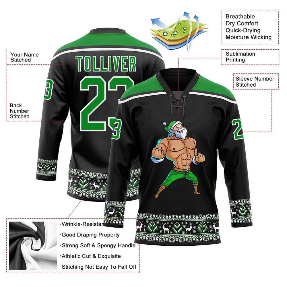 Custom Black Grass Green White Christmas Santa Claus 3D Hockey Lace Neck Jersey, New Hockey Jersey, Personali Sport Team Jersey Shirt Custom Black Grass Green White Christmas Santa Claus 3D Hockey Lace Neck Jersey, New Hockey Jersey, Personali Sport Team Jersey Shirt