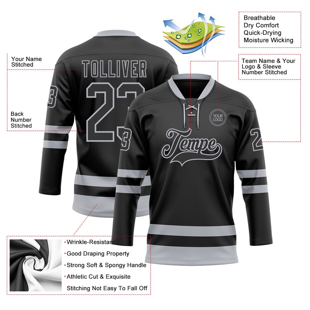 Custom Black Gray Hockey Lace Neck Jersey, New Hockey Jersey, Personali Sport Team Jersey Shirt