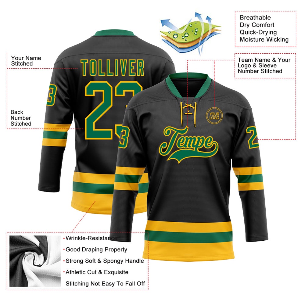 Custom Black Kelly Green Gold Hockey Lace Neck Jersey, New Hockey Jersey, Personali Sport Team Jersey Shirt Custom Black Kelly Green Gold Hockey Lace Neck Jersey, New Hockey Jersey, Personali Sport Team Jersey Shirt