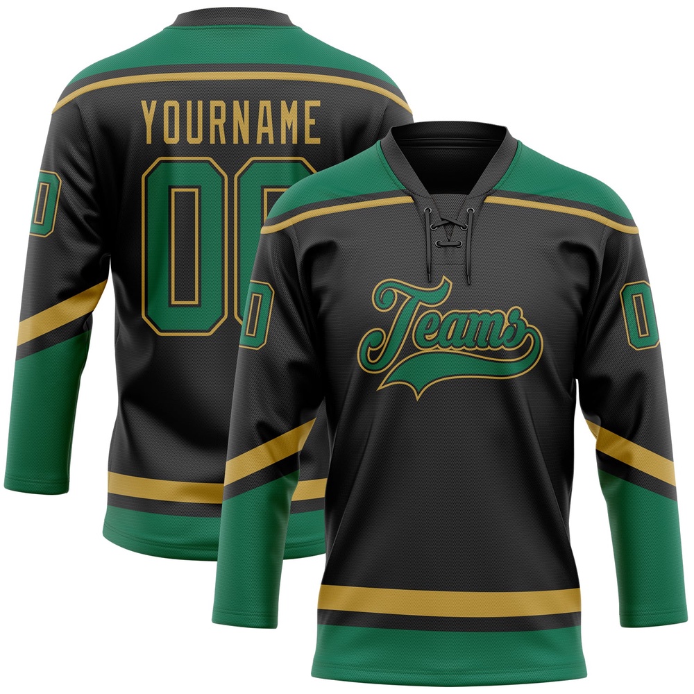 Custom Black Kelly Green Old Gold Hockey Lace Neck Jersey, New Hockey Jersey, Personali Sport Team Jersey Shirt Custom Black Kelly Green Old Gold Hockey Lace Neck Jersey, New Hockey Jersey, Personali Sport Team Jersey Shirt