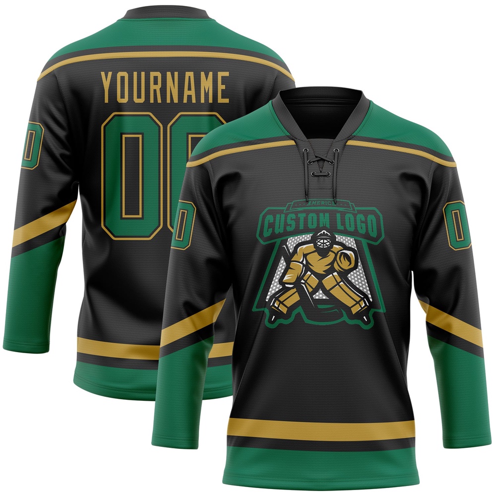Custom Black Kelly Green Old Gold Hockey Lace Neck Jersey, New Hockey Jersey, Personali Sport Team Jersey Shirt Custom Black Kelly Green Old Gold Hockey Lace Neck Jersey, New Hockey Jersey, Personali Sport Team Jersey Shirt