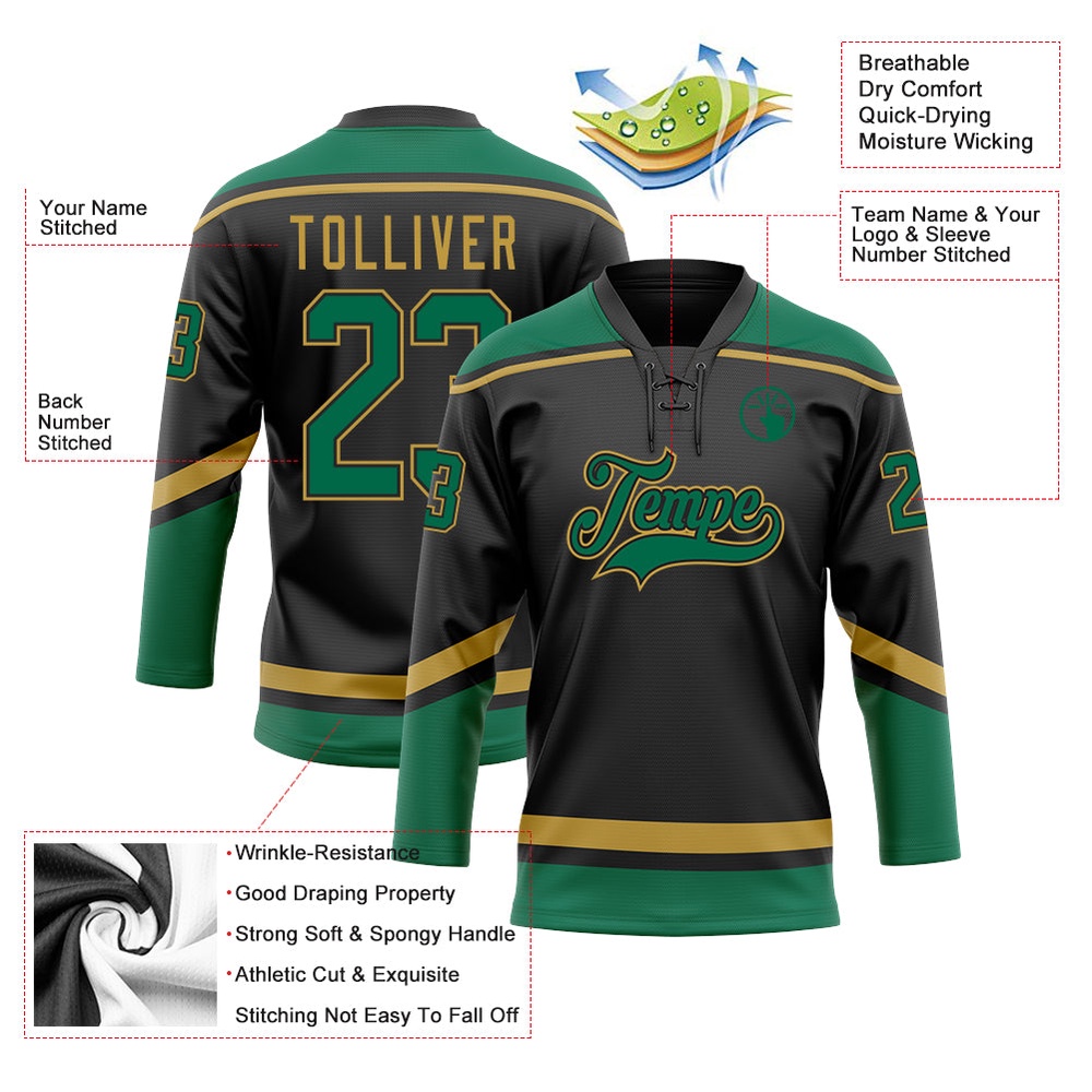 Custom Black Kelly Green Old Gold Hockey Lace Neck Jersey, New Hockey Jersey, Personali Sport Team Jersey Shirt Custom Black Kelly Green Old Gold Hockey Lace Neck Jersey, New Hockey Jersey, Personali Sport Team Jersey Shirt