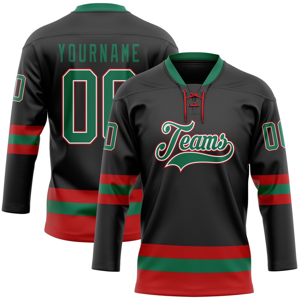 Custom Black Kelly Green Red Hockey Lace Neck Jersey, New Hockey Jersey, Personali Sport Team Jersey Shirt Custom Black Kelly Green Red Hockey Lace Neck Jersey, New Hockey Jersey, Personali Sport Team Jersey Shirt