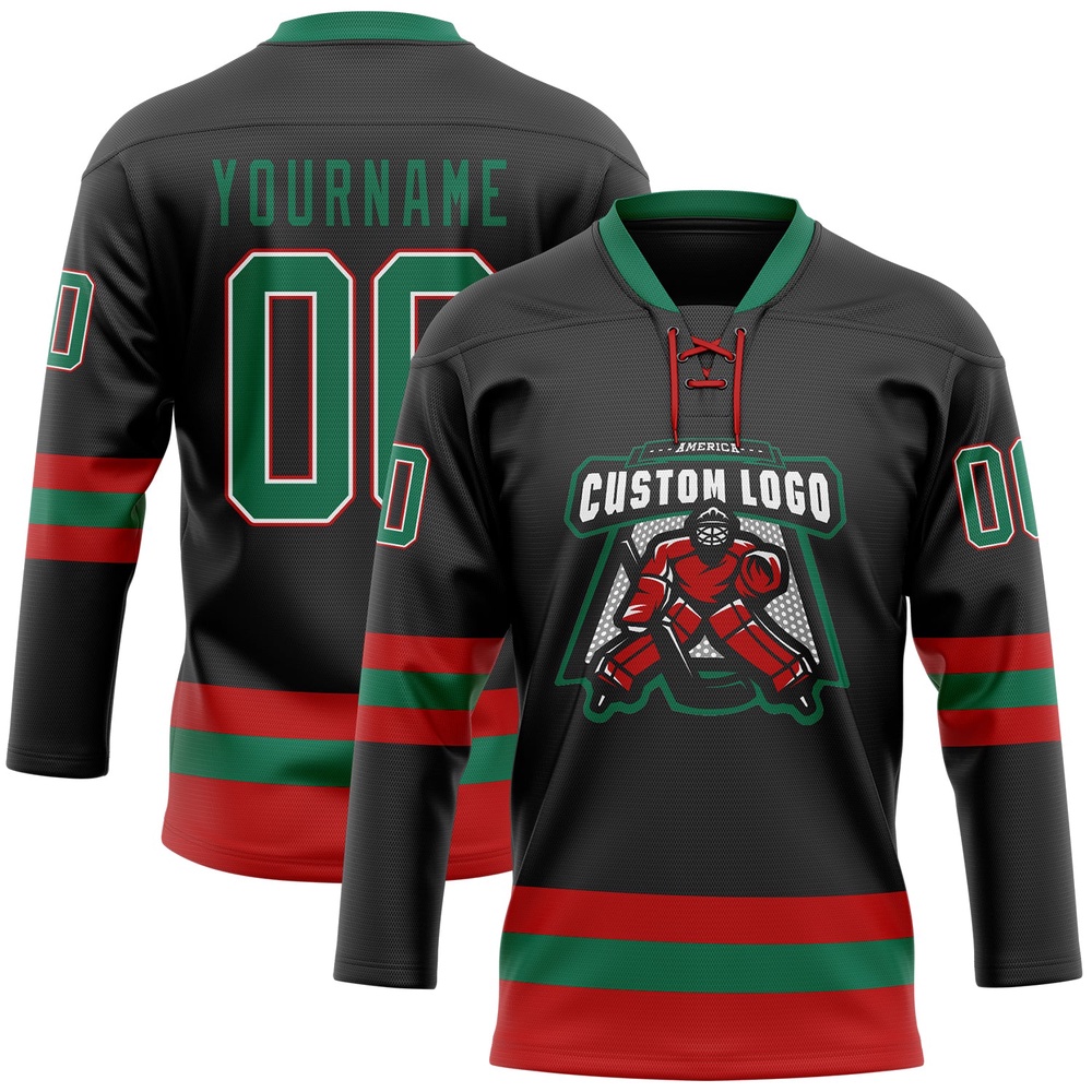 Custom Black Kelly Green Red Hockey Lace Neck Jersey, New Hockey Jersey, Personali Sport Team Jersey Shirt Custom Black Kelly Green Red Hockey Lace Neck Jersey, New Hockey Jersey, Personali Sport Team Jersey Shirt