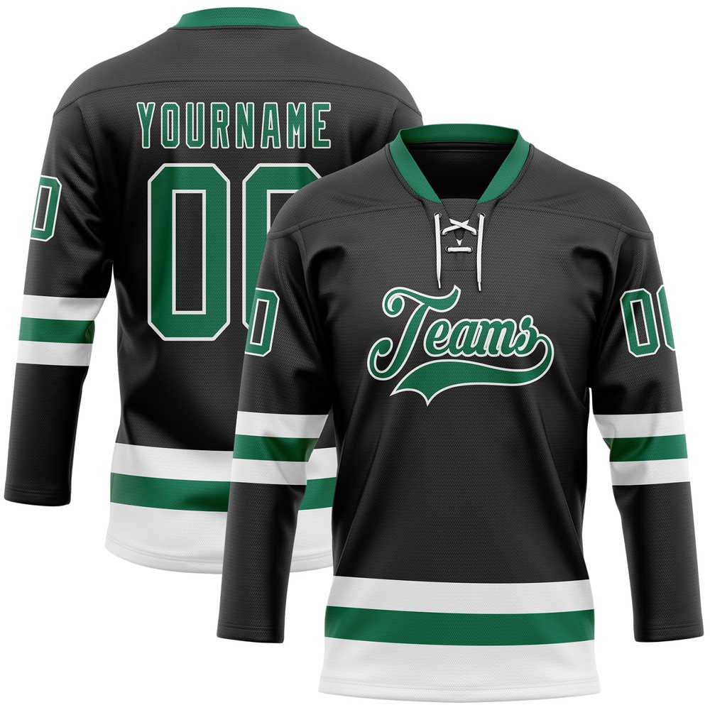 Custom Black Kelly Green White Hockey Lace Neck Jersey, New Hockey Jersey, Personali Sport Team Jersey Shirt Custom Black Kelly Green White Hockey Lace Neck Jersey, New Hockey Jersey, Personali Sport Team Jersey Shirt