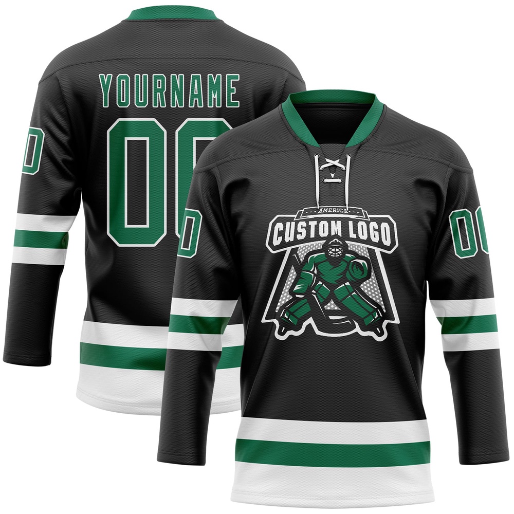 Custom Black Kelly Green White Hockey Lace Neck Jersey, New Hockey Jersey, Personali Sport Team Jersey Shirt Custom Black Kelly Green White Hockey Lace Neck Jersey, New Hockey Jersey, Personali Sport Team Jersey Shirt
